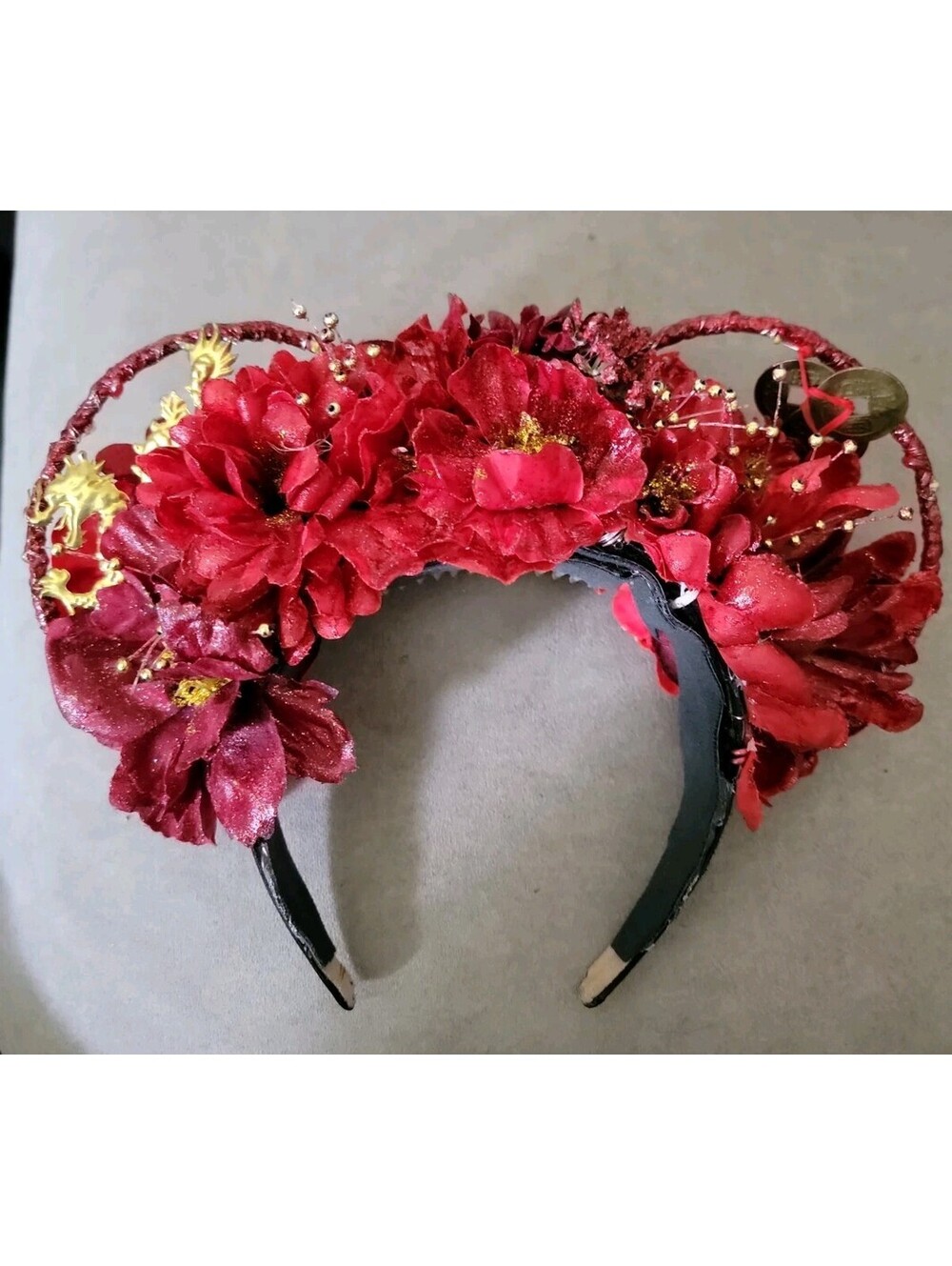 Handmade Mulan Inspired Red Floral Headband Gold Dragon Chinese Coin Costume